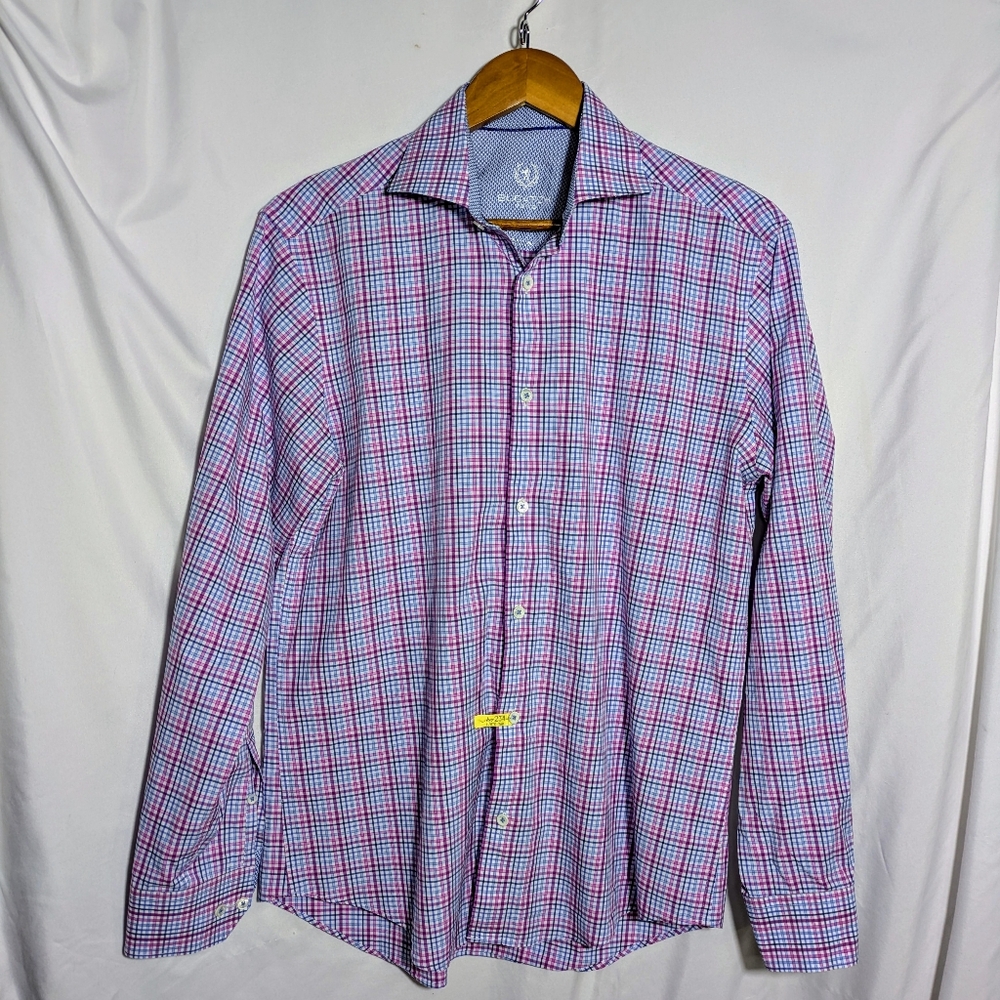 Men's BUGATCHI Long Sleeve Button Down Cotton Plaid Shirt, Business Casual 34/35